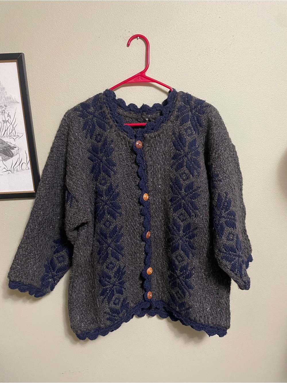 Gray & Navy Wool Blend Patterned Cardigan Sweater